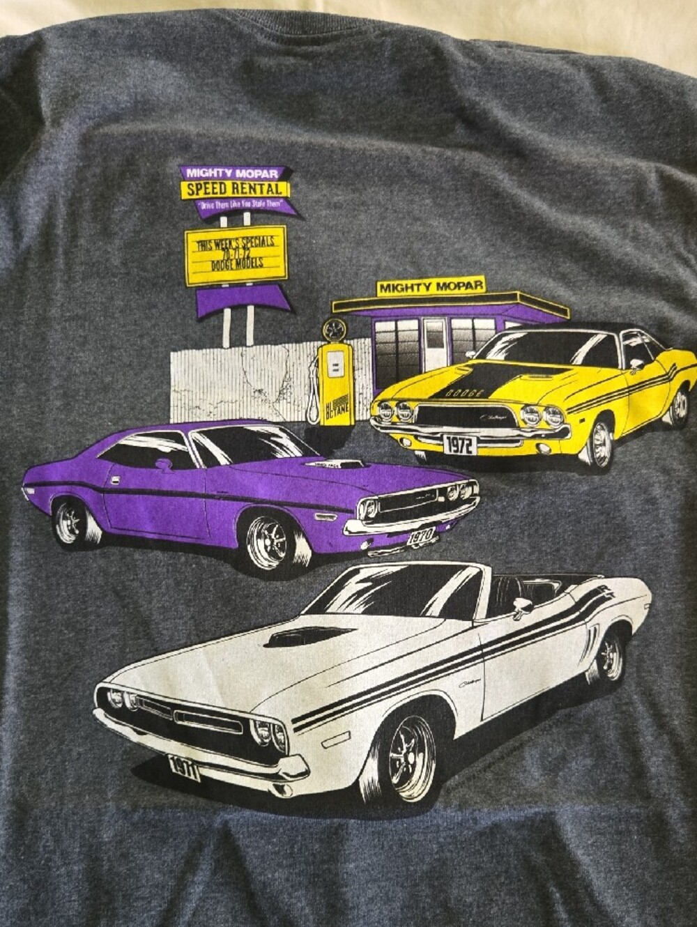 New MOPAR Challenger Graphic Tee - Charcoal with White, Purple & Yellow Cars